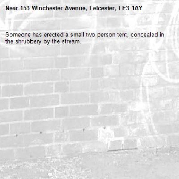 Someone has erected a small two person tent, concealed in the shrubbery by the stream. -153 Winchester Avenue, Leicester, LE3 1AY