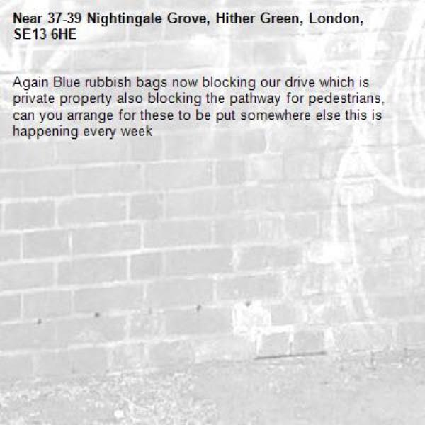 Again Blue rubbish bags now blocking our drive which is private property also blocking the pathway for pedestrians, can you arrange for these to be put somewhere else this is happening every week -37-39 Nightingale Grove, Hither Green, London, SE13 6HE
