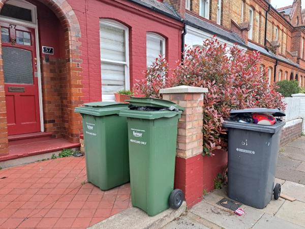 No 57 parking their household waste bin on the public foot path,  littler has been blown all over the place. Please have a word with the residents. Thanks.-55 Lymington Avenue, Wood Green, London, N22 6JE