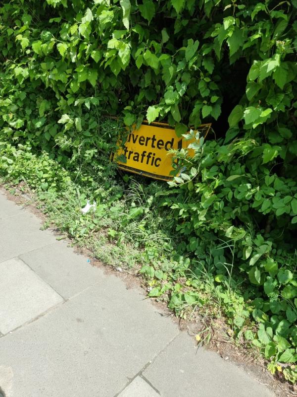 Old diverted traffic sign in hedges-123 Norwood Road, London, UB2 4DY