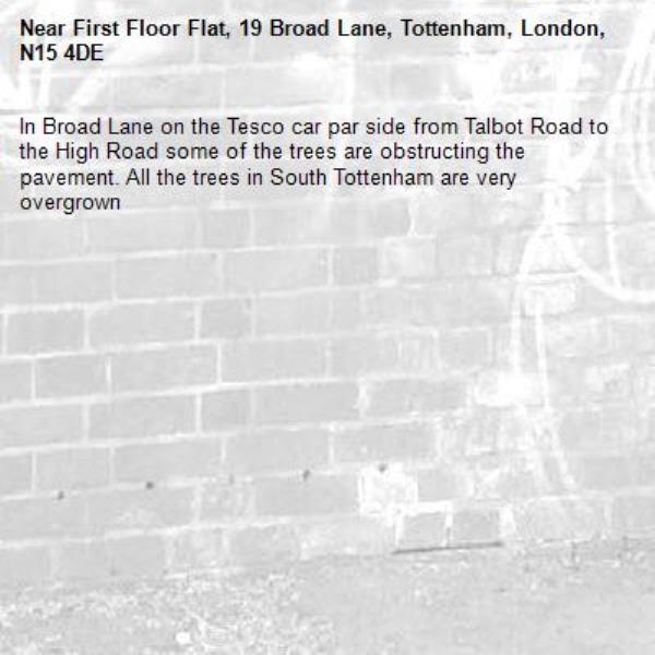 In Broad Lane on the Tesco car par side from Talbot Road to the High Road some of the trees are obstructing the pavement. All the trees in South Tottenham are very overgrown -First Floor Flat, 19 Broad Lane, Tottenham, London, N15 4DE