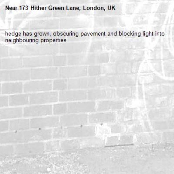 hedge has grown, obscuring pavement and blocking light into neighbouring properties-173 Hither Green Lane, London, UK