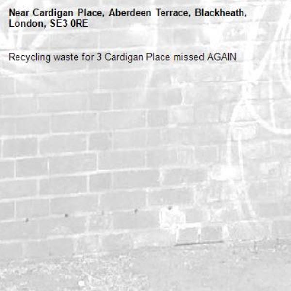 Recycling waste for 3 Cardigan Place missed AGAIN-Cardigan Place, Aberdeen Terrace, Blackheath, London, SE3 0RE