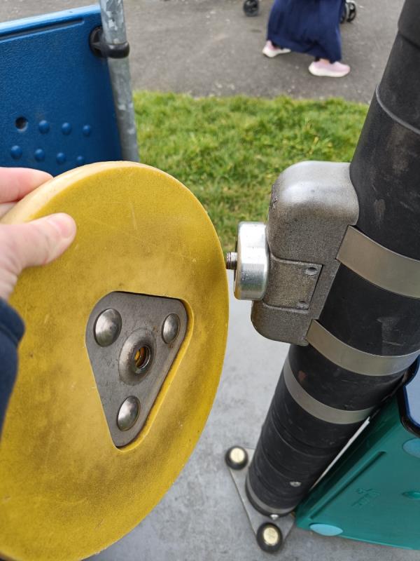 Steering wheel on the play ship has sheered off.

Please fix. 

Slide also STILL out of action. 

Council please maintain your equipment. Especially now summer is approaching -114 Haig Road East, Plaistow, London, E13 9LP