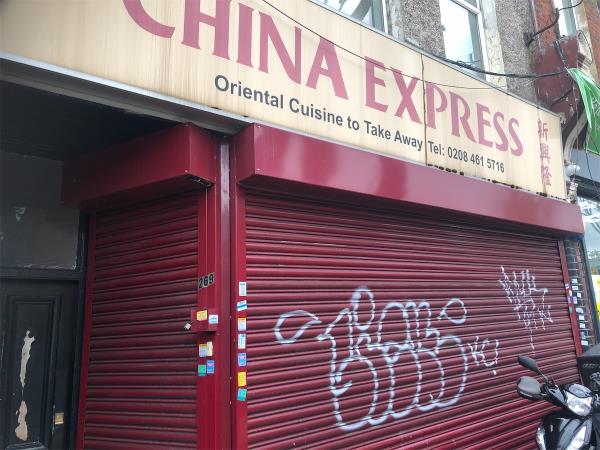 China Express 269 Brownhill Road. Remove graffiti from shutter-Flat A, 265 Brownhill Road, London, SE6 1AE