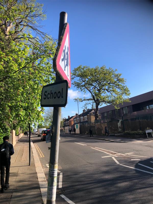 School sign  outside Mayow Park requires adjusting-73B, Mayow Road, London, SE26 4AA