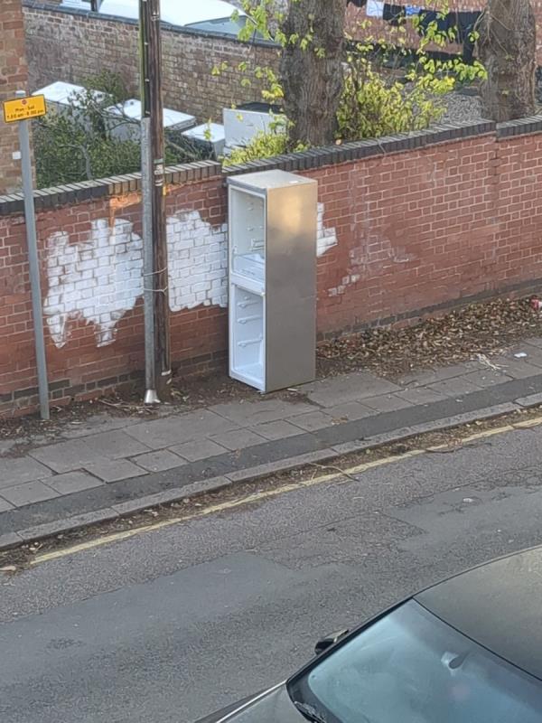 Heard a noise outside earlier it was a man putting this fridge here with a sack barrow he's in the second picture if you zoom in-13A, Abingdon Road, Leicester, LE2 1HA