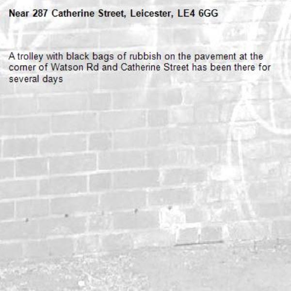 A trolley with black bags of rubbish on the pavement at the corner of Watson Rd and Catherine Street has been there for several days-287 Catherine Street, Leicester, LE4 6GG