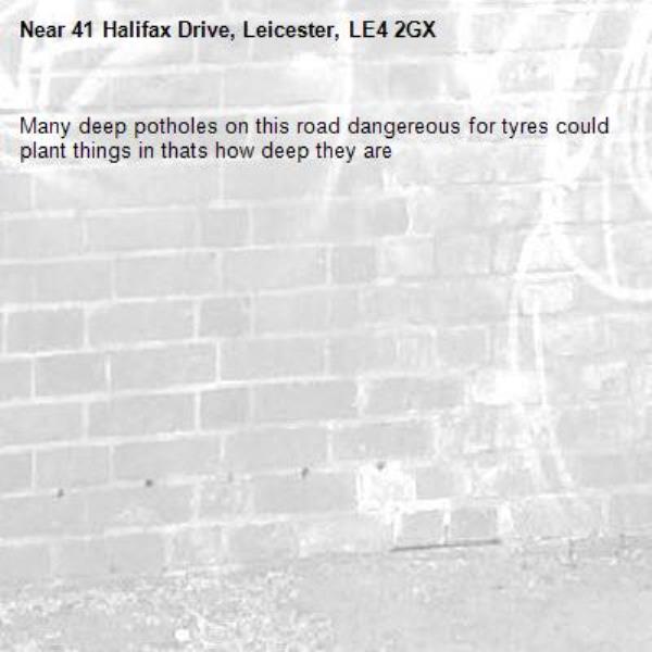 Many deep potholes on this road dangereous for tyres could plant things in thats how deep they are -41 Halifax Drive, Leicester, LE4 2GX