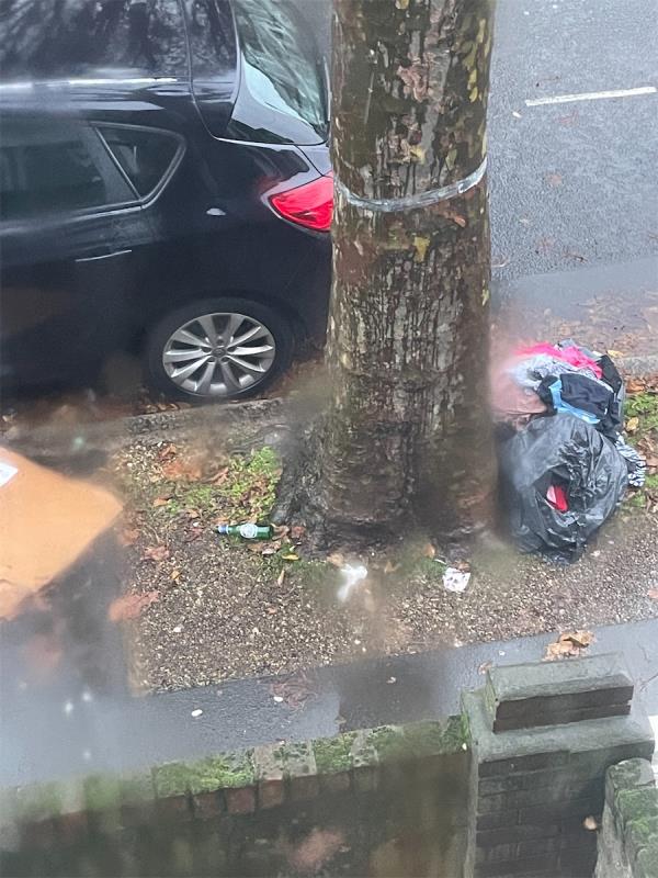 Dumped black bags of rubbish near tree-125 Altmore Avenue, East Ham, London, E6 2BU