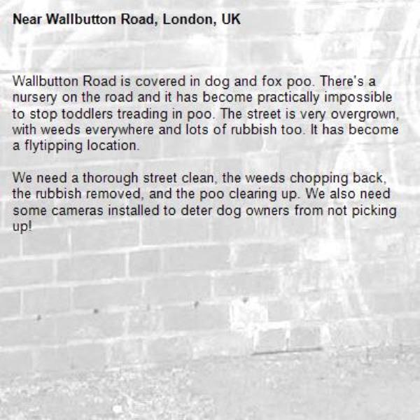 Wallbutton Road is covered in dog and fox poo. There's a nursery on the road and it has become practically impossible to stop toddlers treading in poo. The street is very overgrown, with weeds everywhere and lots of rubbish too. It has become a flytipping location.

We need a thorough street clean, the weeds chopping back, the rubbish removed, and the poo clearing up. We also need some cameras installed to deter dog owners from not picking up!-Wallbutton Road, London, UK