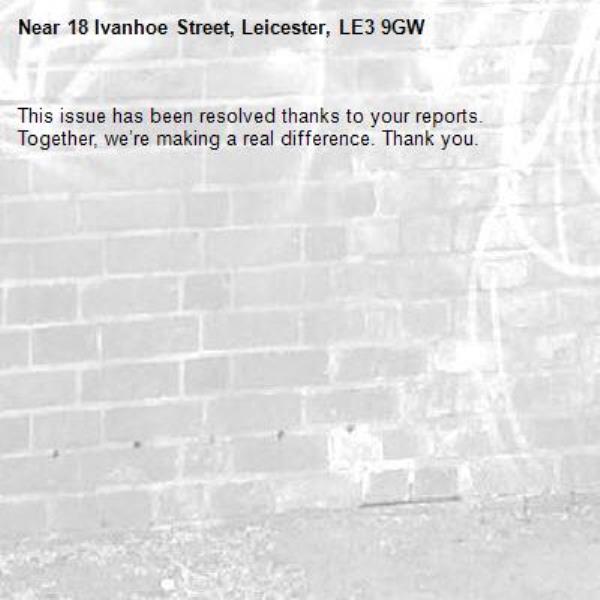 This issue has been resolved thanks to your reports.
Together, we’re making a real difference. Thank you.
-18 Ivanhoe Street, Leicester, LE3 9GW