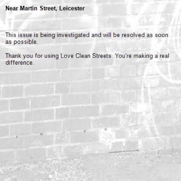 This issue is being investigated and will be resolved as soon as possible.
	
Thank you for using Love Clean Streets .You’re making a real difference.
-Martin Street, Leicester