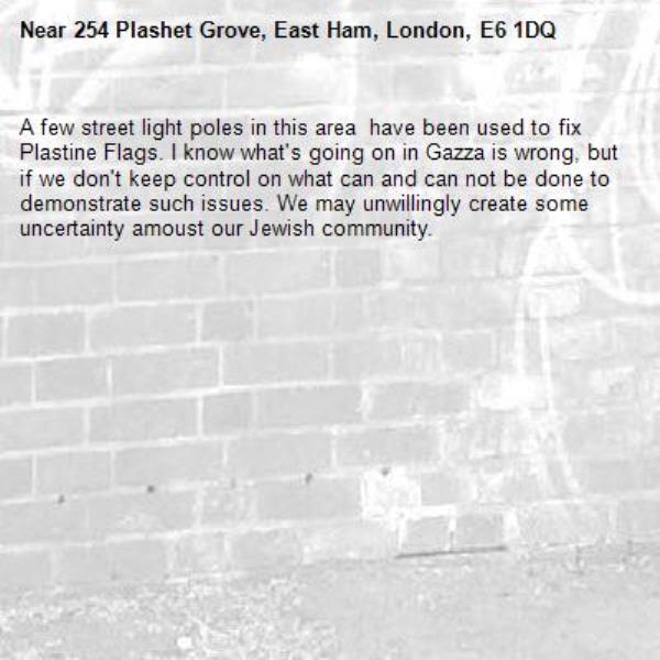 A few street light poles in this area  have been used to fix Plastine Flags. I know what's going on in Gazza is wrong, but if we don't keep control on what can and can not be done to demonstrate such issues. We may unwillingly create some uncertainty amoust our Jewish community.-254 Plashet Grove, East Ham, London, E6 1DQ
