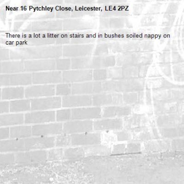 There is a lot a litter on stairs and in bushes soiled nappy on car park -16 Pytchley Close, Leicester, LE4 2PZ