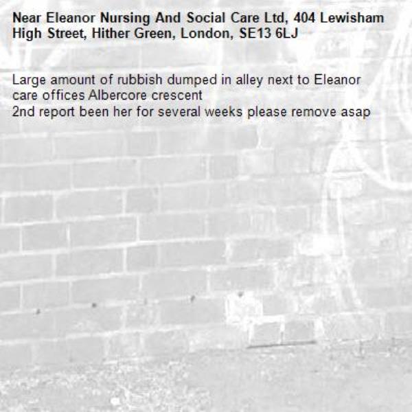 Large amount of rubbish dumped in alley next to Eleanor care offices Albercore crescent
2nd report been her for several weeks please remove asap-Eleanor Nursing And Social Care Ltd, 404 Lewisham High Street, Hither Green, London, SE13 6LJ