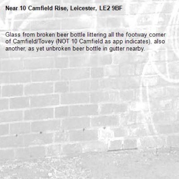 Glass from broken beer bottle littering all the footway corner of Camfield/Tovey (NOT 10 Camfield as app indicates), also another, as yet unbroken beer bottle in gutter nearby.    -10 Camfield Rise, Leicester, LE2 9BF