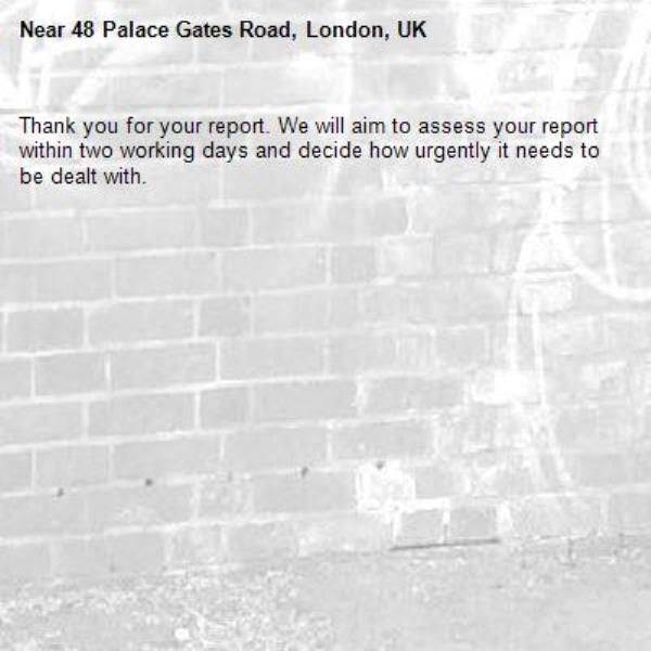 Thank you for your report. We will aim to assess your report within two working days and decide how urgently it needs to be dealt with.-48 Palace Gates Road, London, UK