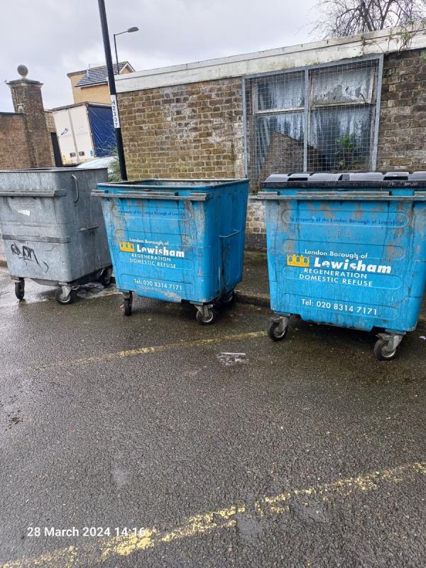Please can you replace these 3 bins with new blue euro bins with lids as the 2 blue bins have holes in the bottom letting rubbish come out the bottom. 
Thank you 
Steven Willis (Caretaker)-North House, Grove Street, London, SE8 3LY