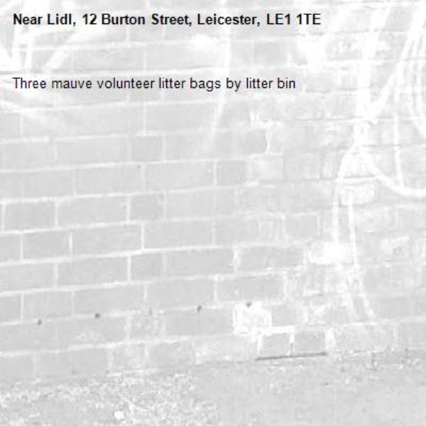 Three mauve volunteer litter bags by litter bin -Lidl, 12 Burton Street, Leicester, LE1 1TE