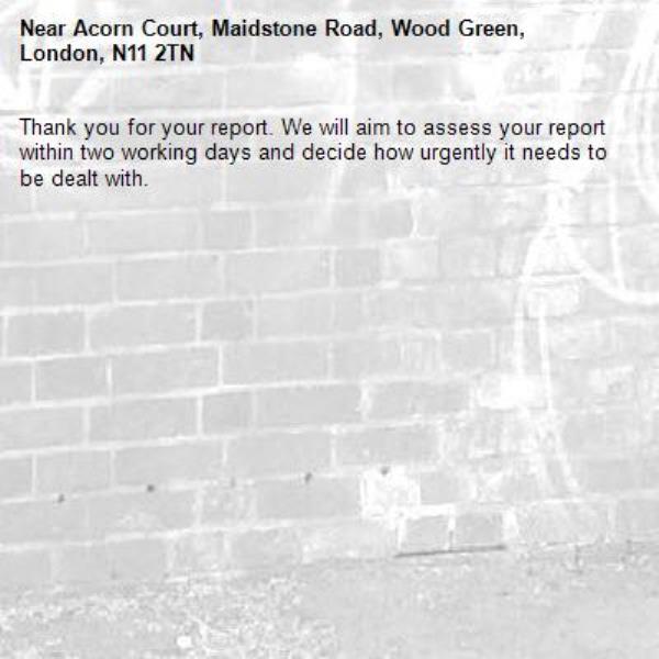 Thank you for your report. We will aim to assess your report within two working days and decide how urgently it needs to be dealt with.-Acorn Court, Maidstone Road, Wood Green, London, N11 2TN
