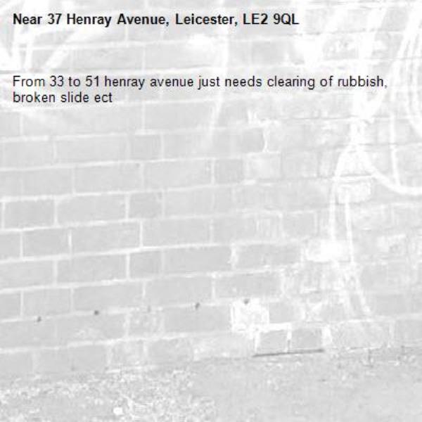 From 33 to 51 henray avenue just needs clearing of rubbish, broken slide ect-37 Henray Avenue, Leicester, LE2 9QL