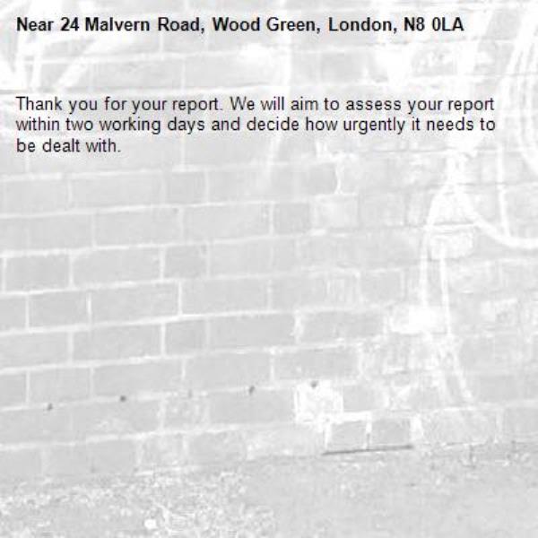 Thank you for your report. We will aim to assess your report within two working days and decide how urgently it needs to be dealt with.-24 Malvern Road, Wood Green, London, N8 0LA