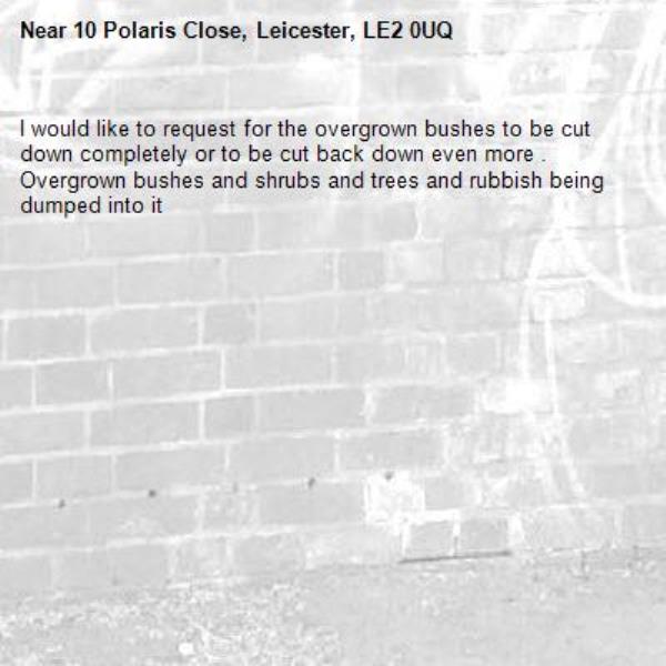 I would like to request for the overgrown bushes to be cut down completely or to be cut back down even more . Overgrown bushes and shrubs and trees and rubbish being dumped into it -10 Polaris Close, Leicester, LE2 0UQ