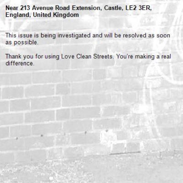 This issue is being investigated and will be resolved as soon as possible.

Thank you for using Love Clean Streets. You’re making a real difference.
-213 Avenue Road Extension, Castle, LE2 3ER, England, United Kingdom