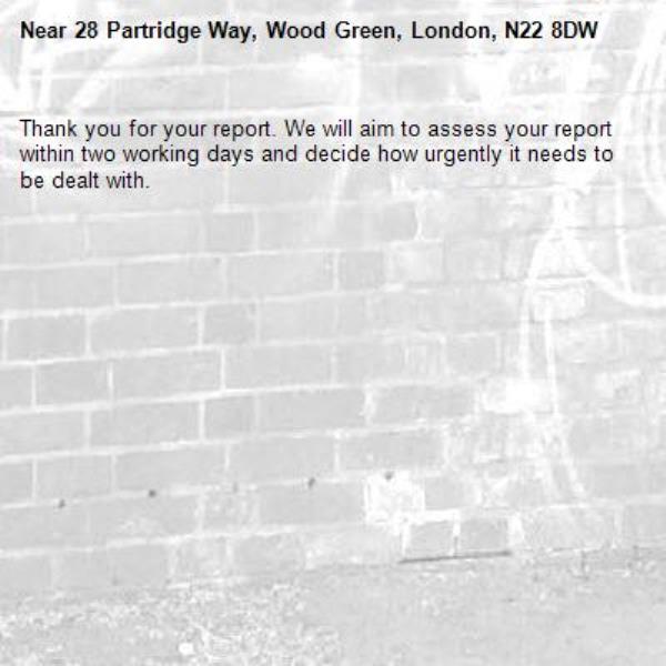 Thank you for your report. We will aim to assess your report within two working days and decide how urgently it needs to be dealt with.-28 Partridge Way, Wood Green, London, N22 8DW