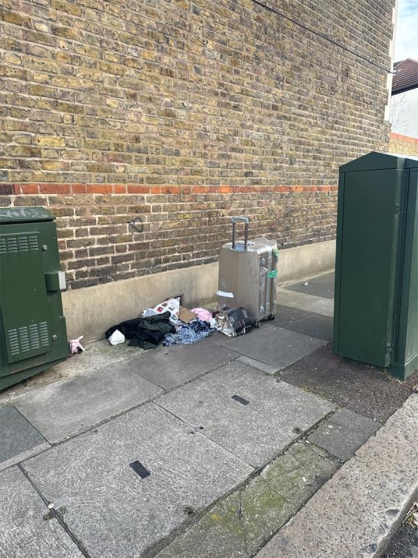 Glass and rubbish/suitcase dumped. -59 Inniskilling Road, Plaistow, London, E13 9LD