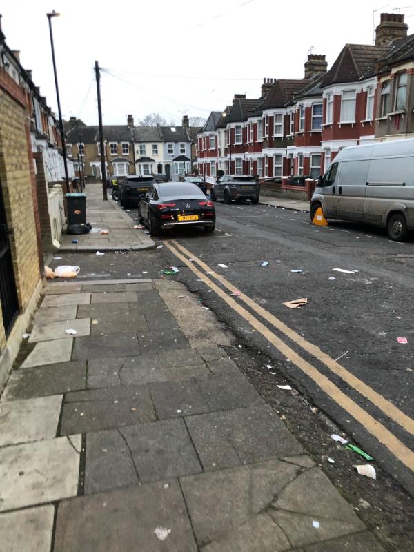 Lots of rubbish all over the street. All the way down. This is a regular occurrence. Really needs more regular cleaning and attention. -87 BRUCE, Tottenham, N17 6UZ