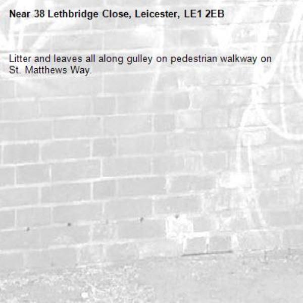 Litter and leaves all along gulley on pedestrian walkway on St. Matthews Way. -38 Lethbridge Close, Leicester, LE1 2EB