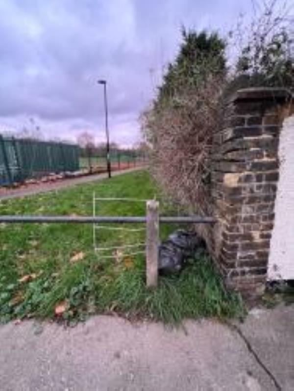 2 black waste bags and parts of metallic airdryer flytipped at the east entrance of ladyfields, on medusa road. Reported by fox My Street-132 ALBACORE, London, SE13 7HP