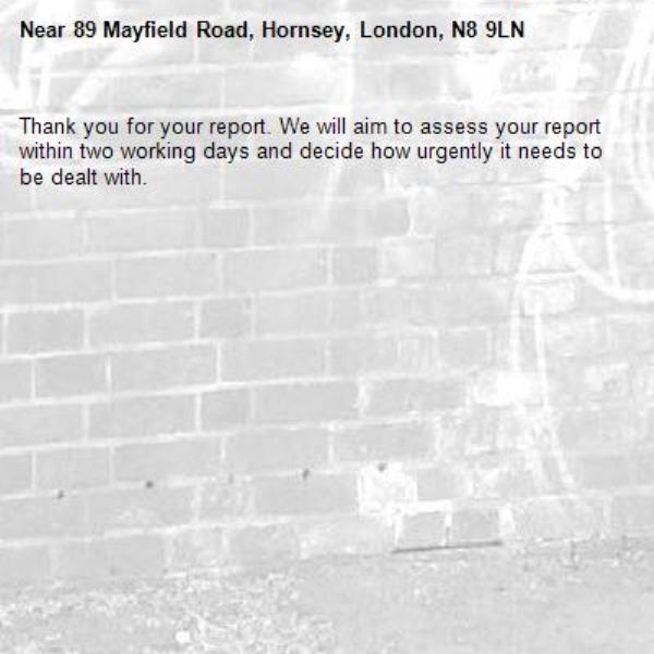 Thank you for your report. We will aim to assess your report within two working days and decide how urgently it needs to be dealt with.-89 Mayfield Road, Hornsey, London, N8 9LN