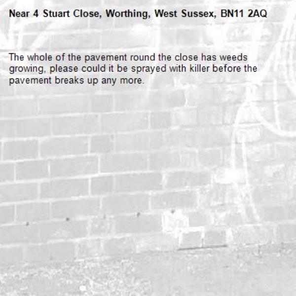 The whole of the pavement round the close has weeds growing, please could it be sprayed with killer before the pavement breaks up any more. -4 Stuart Close, Worthing, West Sussex, BN11 2AQ