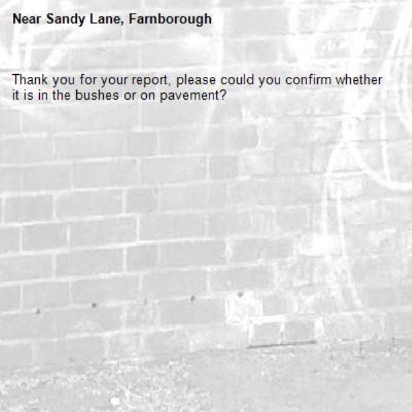 Thank you for your report, please could you confirm whether it is in the bushes or on pavement?-Sandy Lane, Farnborough