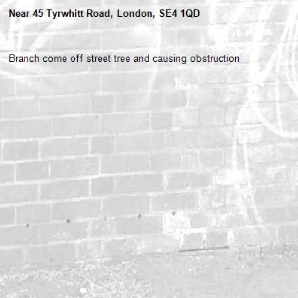 Branch come off street tree and causing obstruction-45 Tyrwhitt Road, London, SE4 1QD