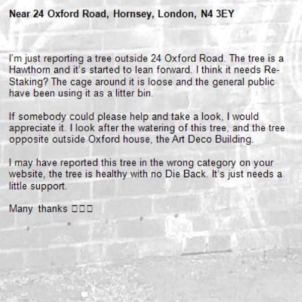 I’m just reporting a tree outside 24 Oxford Road. The tree is a Hawthorn and it’s started to lean forward. I think it needs Re-Staking? The cage around it is loose and the general public have been using it as a litter bin.

If somebody could please help and take a look, I would appreciate it. I look after the watering of this tree, and the tree opposite outside Oxford house, the Art Deco Building.

I may have reported this tree in the wrong category on your website, the tree is healthy with no Die Back. It’s just needs a little support.

Many thanks 🌳🌳🌳-24 Oxford Road, Hornsey, London, N4 3EY