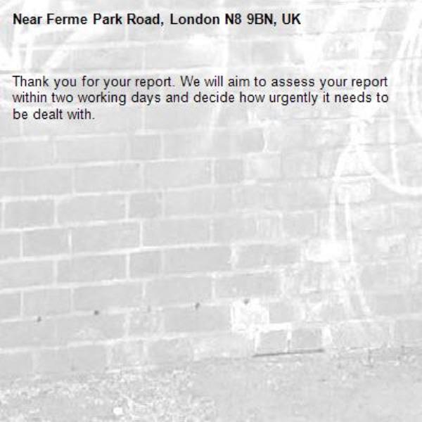 Thank you for your report. We will aim to assess your report within two working days and decide how urgently it needs to be dealt with.-Ferme Park Road, London N8 9BN, UK