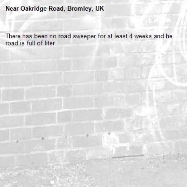 There has been no road sweeper for at least 4 weeks and he road is full of liter.-Oakridge Road, Bromley, UK