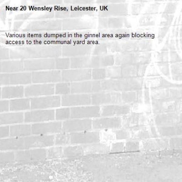 Various items dumped in the ginnel area again blocking access to the communal yard area.-20 Wensley Rise, Leicester, UK