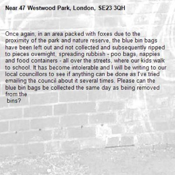 Once again, in an area packed with foxes due to the proximity of the park and nature reserve, the blue bin bags have been left out and not collected and subsequently ripped to pieces overnight, spreading rubbish - poo bags, nappies and food containers - all over the streets, where our kids walk to school. It has become intolerable and I will be writing to our local councillors to see if anything can be done as I've tried emailing the council about it several times. Please can the blue bin bags be collected the same day as being removed from the
 bins?-47 Westwood Park, London, SE23 3QH