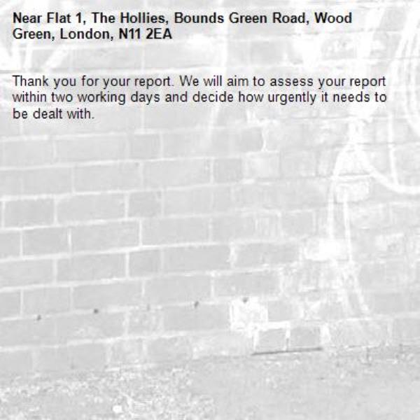 Thank you for your report. We will aim to assess your report within two working days and decide how urgently it needs to be dealt with.-Flat 1, The Hollies, Bounds Green Road, Wood Green, London, N11 2EA
