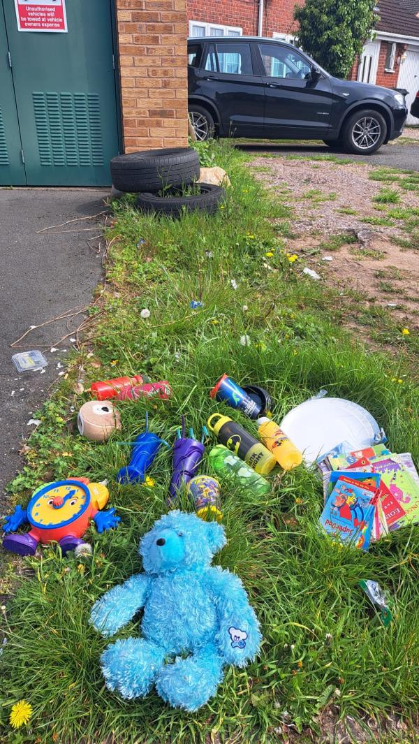 There are car tyres, litter, broken plates, children toys. They are discharged on sidewalk in front of houses. -14 Somerset Avenue, Leicester, LE4 0JW