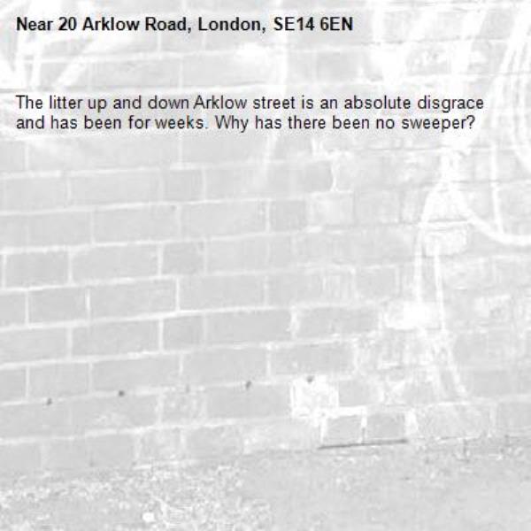 The litter up and down Arklow street is an absolute disgrace and has been for weeks. Why has there been no sweeper?-20 Arklow Road, London, SE14 6EN