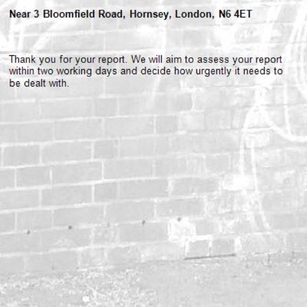 Thank you for your report. We will aim to assess your report within two working days and decide how urgently it needs to be dealt with.-3 Bloomfield Road, Hornsey, London, N6 4ET