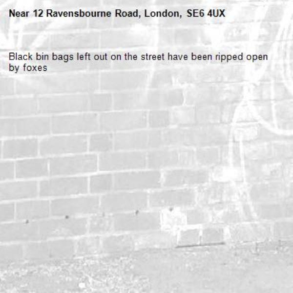 Black bin bags left out on the street have been ripped open by foxes-12 Ravensbourne Road, London, SE6 4UX