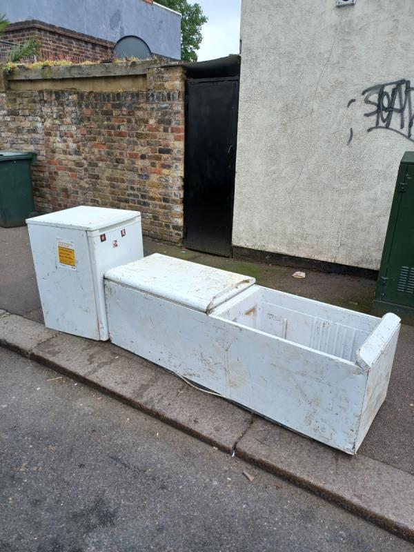 X2 White Good small fridge and a large fridge freezer dumped on the public highway..
X 3 household waste and cloths and cardboard boxes also dumped on the high at the same location -2 Stamford Road, East Ham, London, E6 1LR