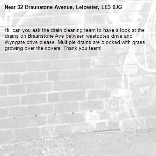 Hi, can you ask the drain cleaning team to have a look at the drains on Braunstone Ave between westcotes drive and Wyngate drive please. Multiple drains are blocked with grass growing over the covers. Thank you team! -32 Braunstone Avenue, Leicester, LE3 0JG
